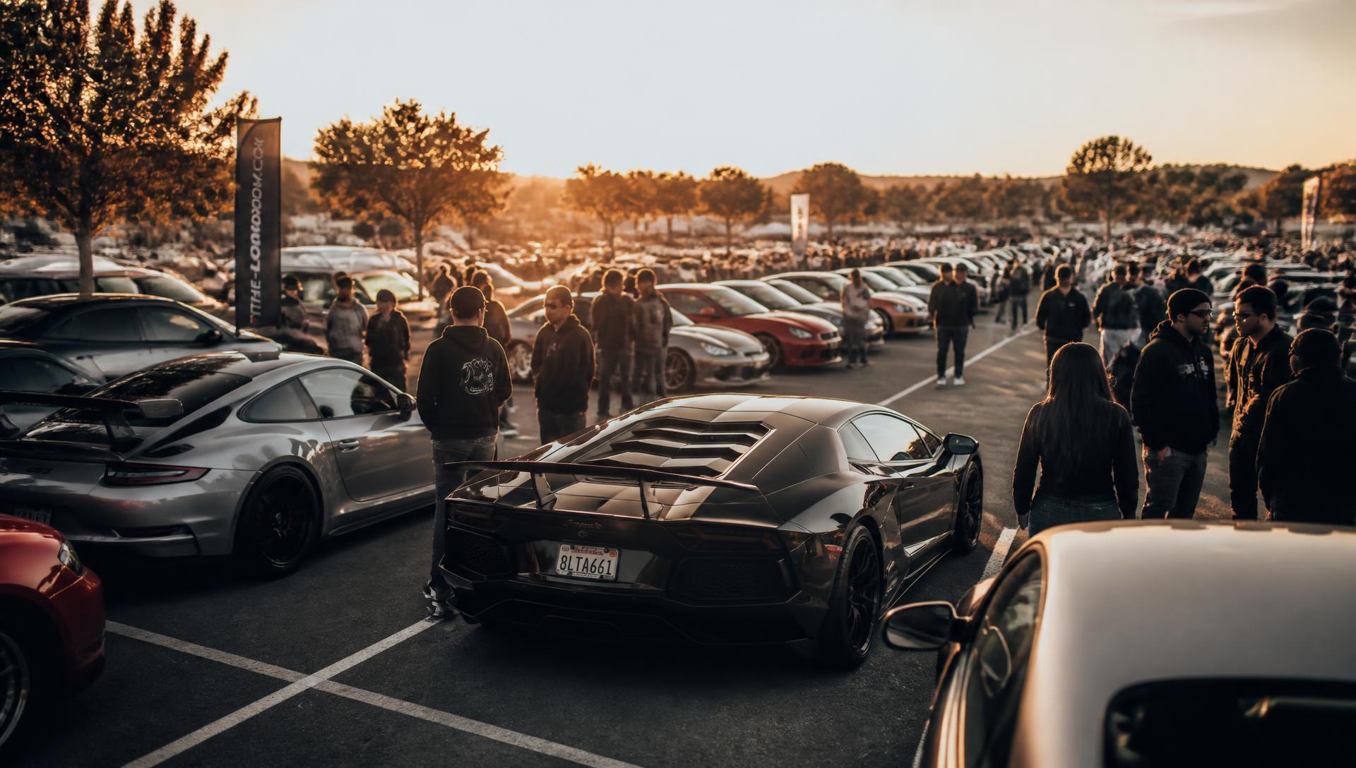 Enthusiasts gathered among rows of cars at a Purist Group community event at golden hour